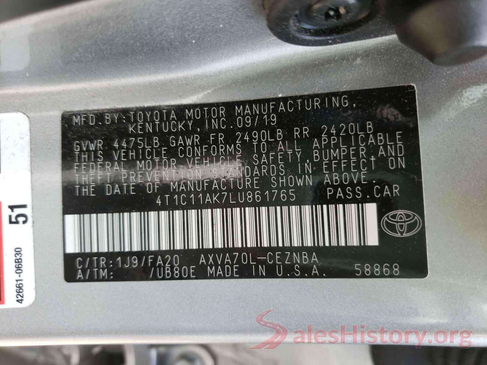 4T1C11AK7LU861765 2020 TOYOTA CAMRY