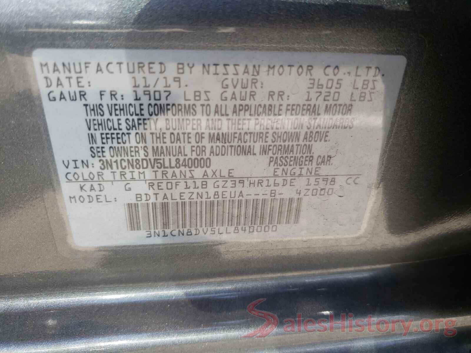 3N1CN8DV5LL840000 2020 NISSAN VERSA