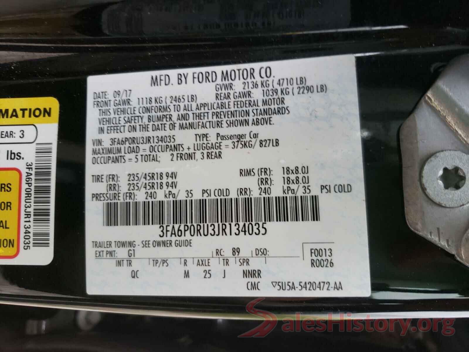 3FA6P0RU3JR134035 2018 FORD FUSION