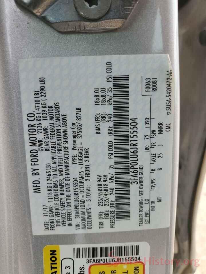 3FA6P0LU6JR155504 2018 FORD FUSION