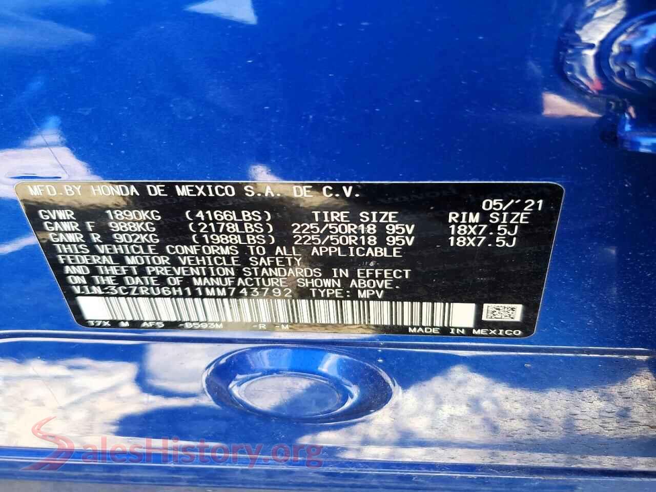 2021 HONDA HR-V VIN 3CZRU6H11MM743792, trunk area