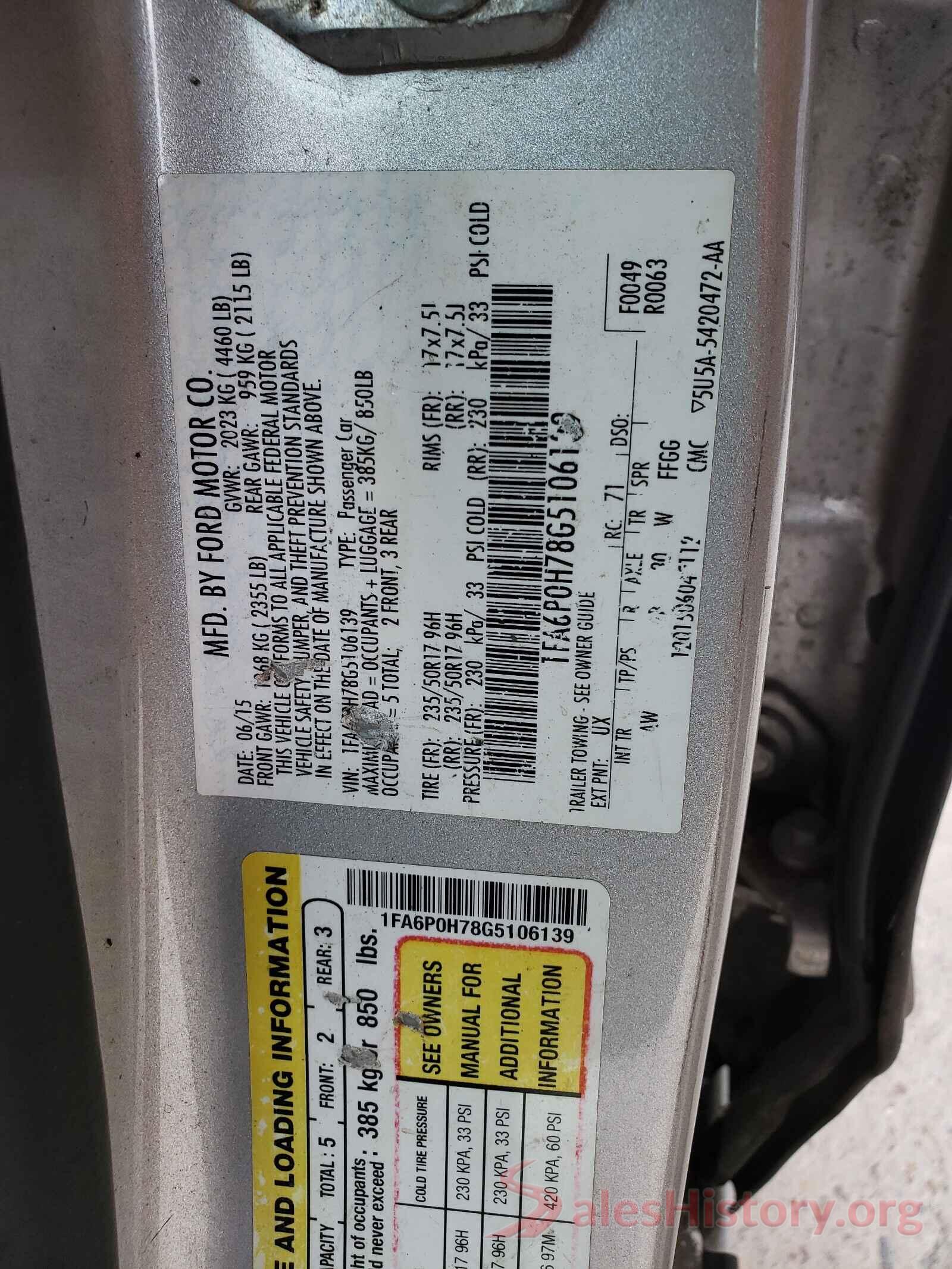 1FA6P0H78G5106139 2016 FORD FUSION