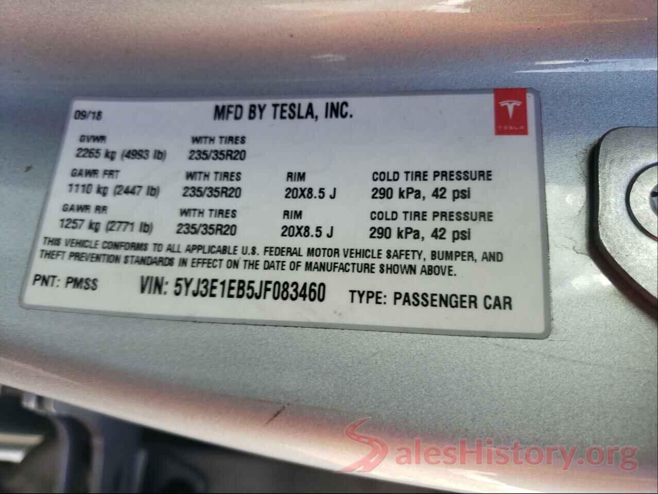 5YJ3E1EB5JF083460 2018 TESLA MODEL 3