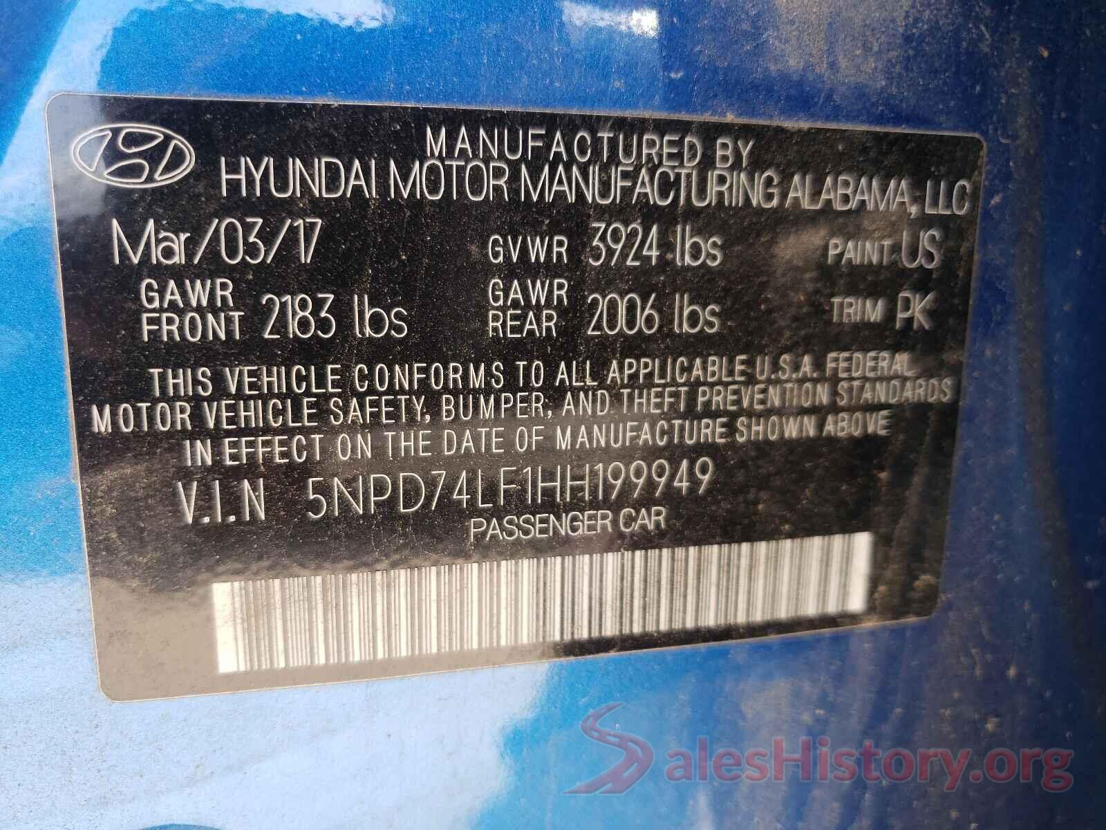 5NPD74LF1HH199949 2017 HYUNDAI ELANTRA