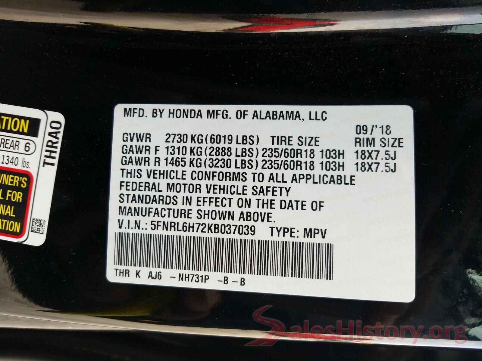 5FNRL6H72KB037039 2019 HONDA ODYSSEY