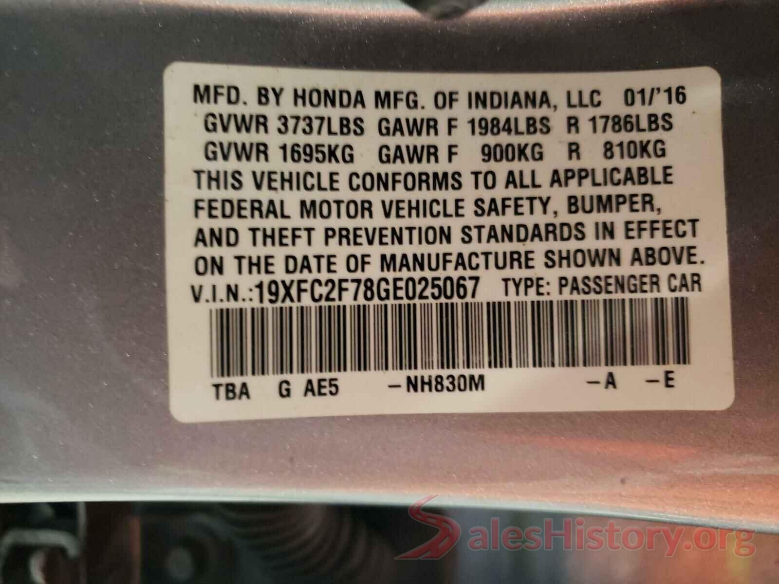 19XFC2F78GE025067 2016 HONDA CIVIC