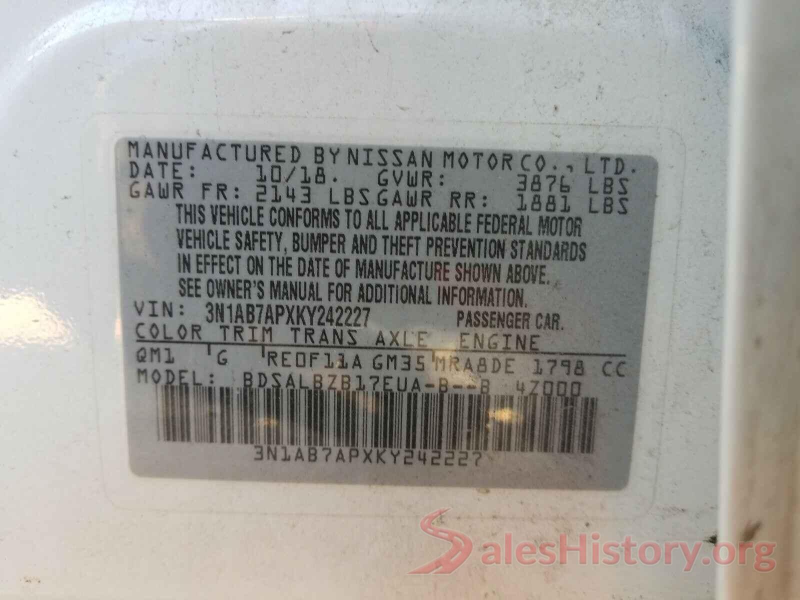 3N1AB7APXKY242227 2019 NISSAN SENTRA