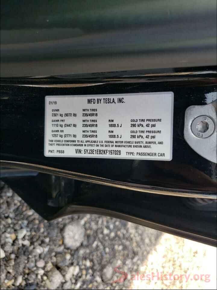 5YJ3E1EB2KF197028 2019 TESLA MODEL 3