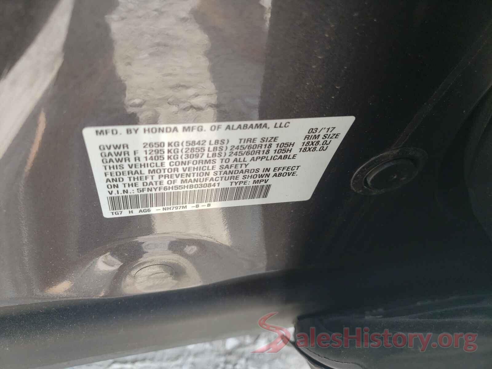 5FNYF6H55HB030841 2017 HONDA PILOT