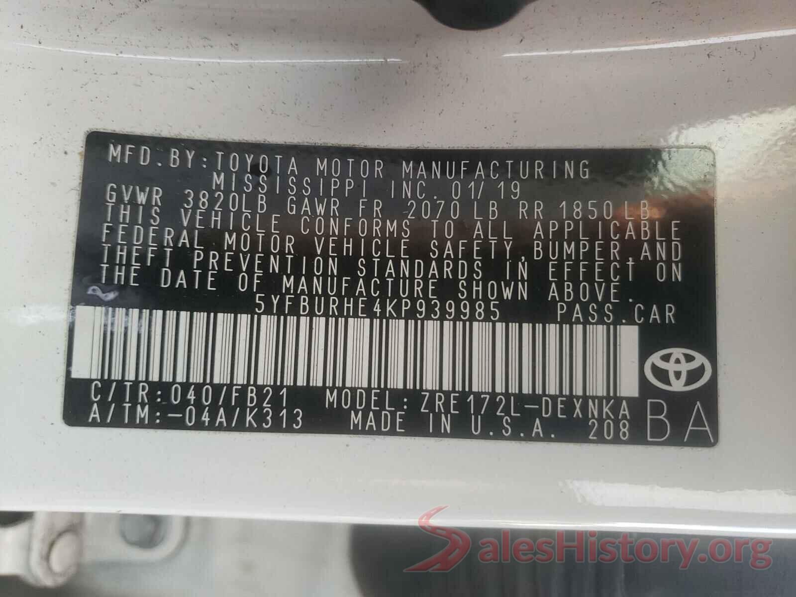 5YFBURHE4KP939985 2019 TOYOTA COROLLA