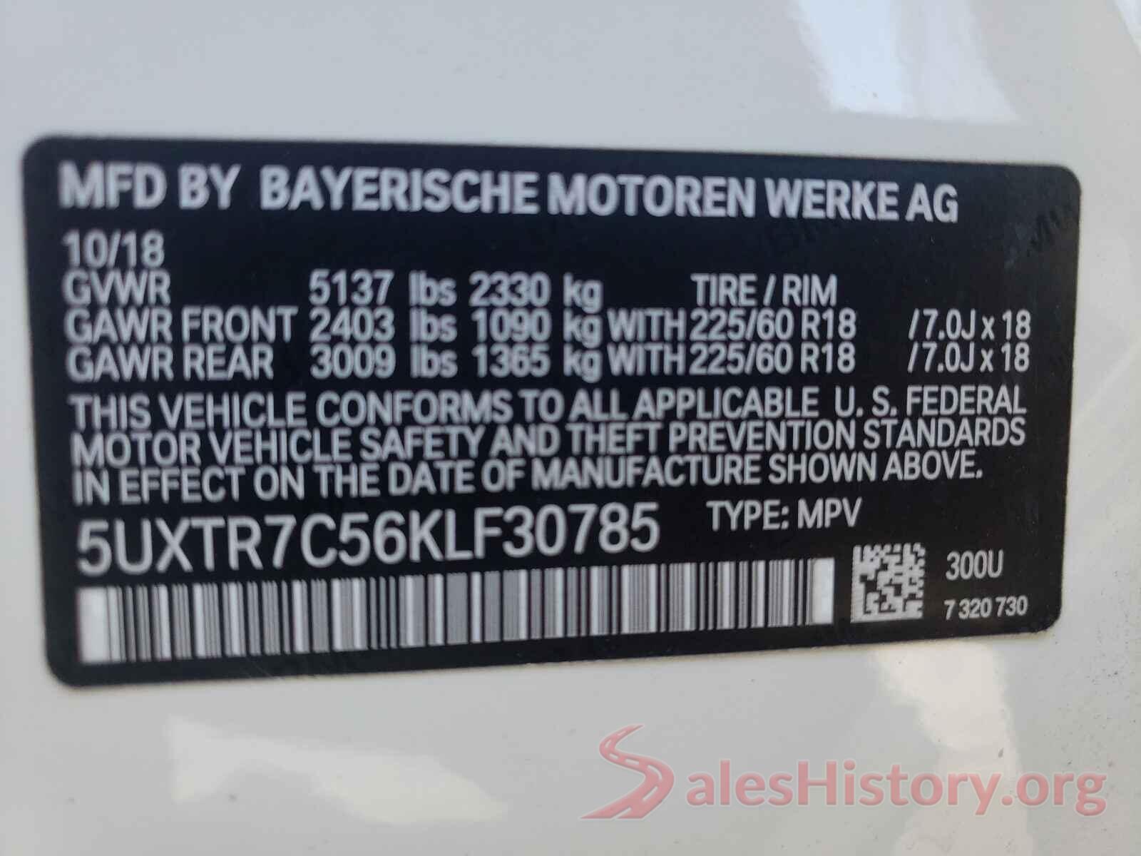 5UXTR7C56KLF30785 2019 BMW X3