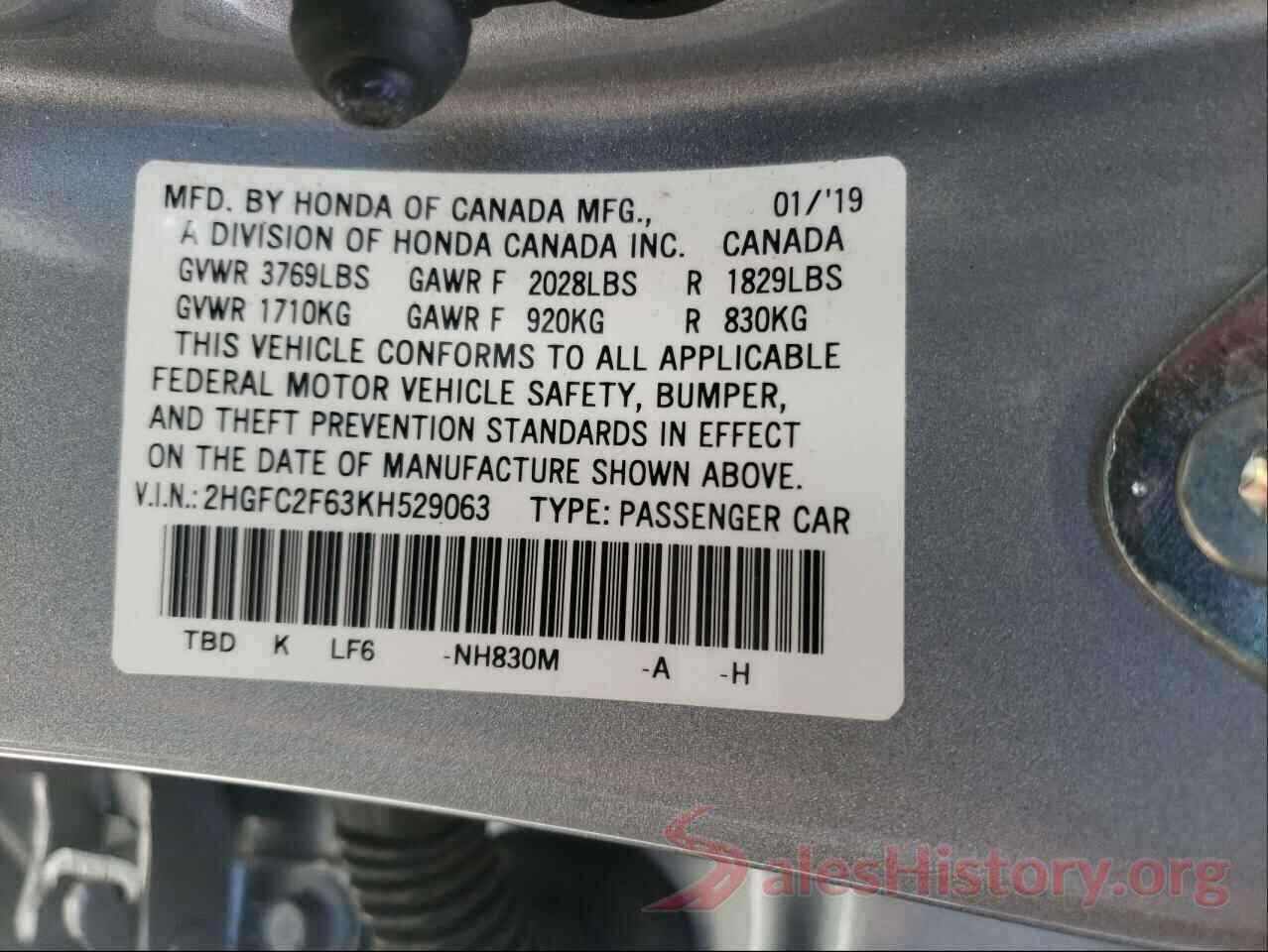 2HGFC2F63KH529063 2019 HONDA CIVIC