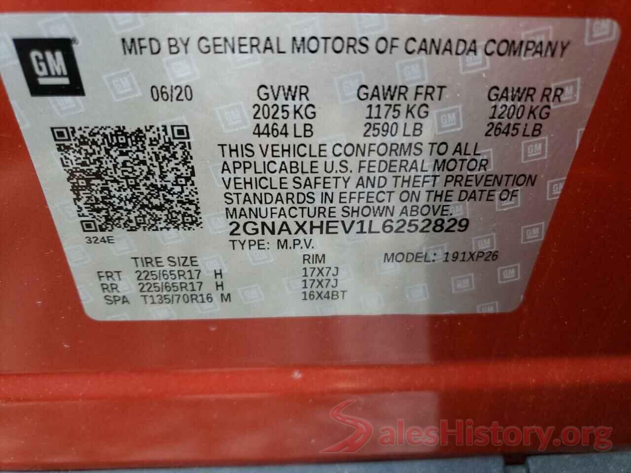 2GNAXHEV1L6252829 2020 CHEVROLET EQUINOX