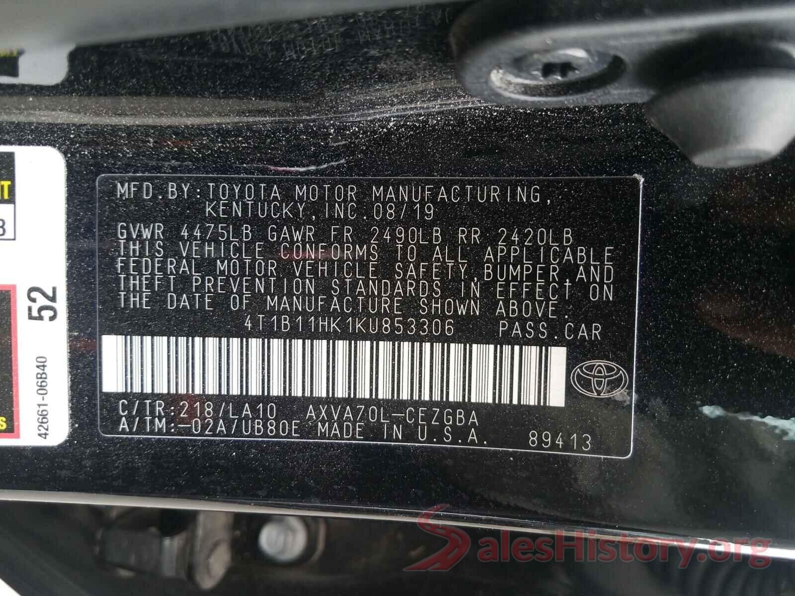 4T1B11HK1KU853306 2019 TOYOTA CAMRY