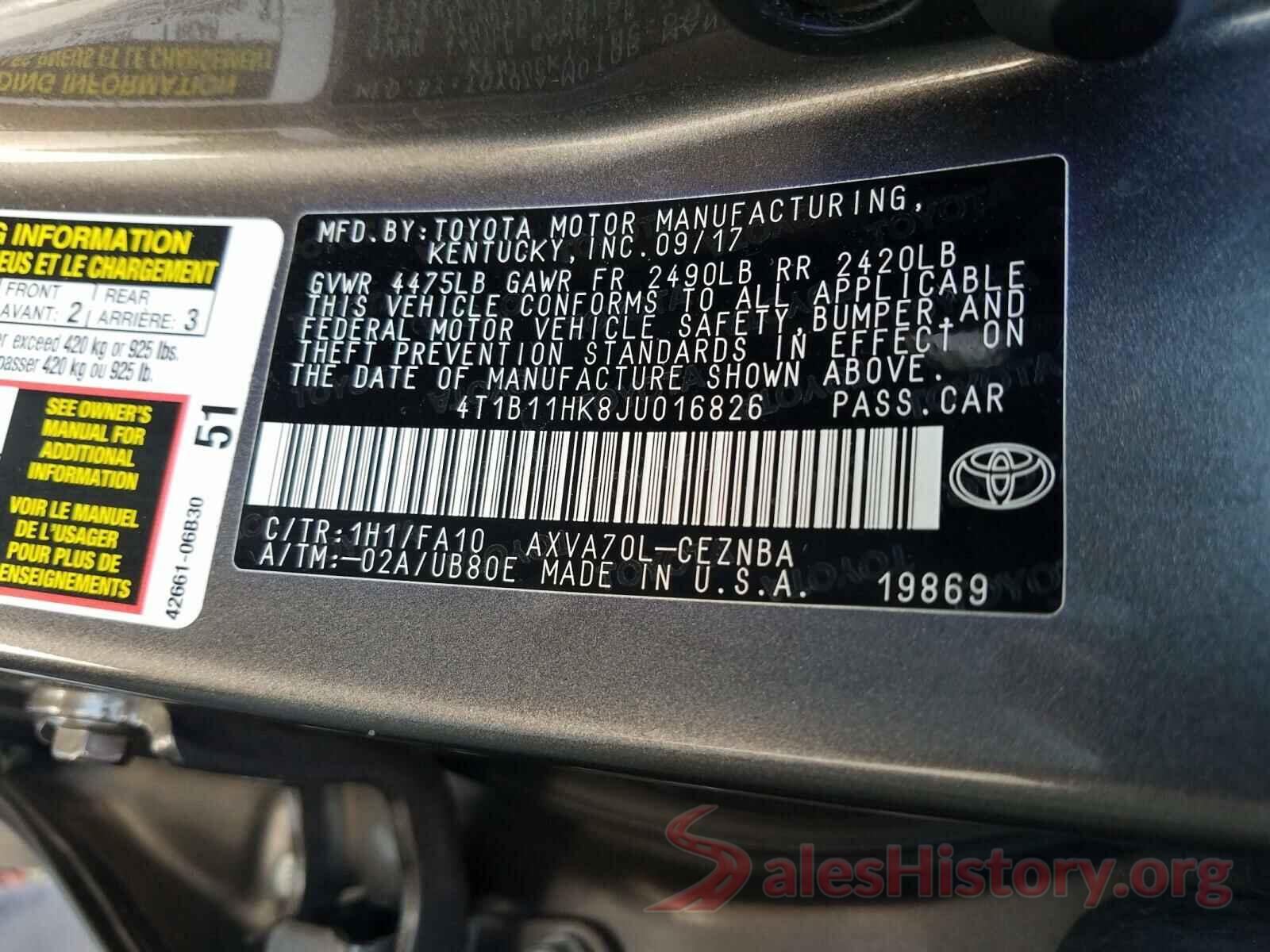 4T1B11HK8JU016826 2018 TOYOTA CAMRY