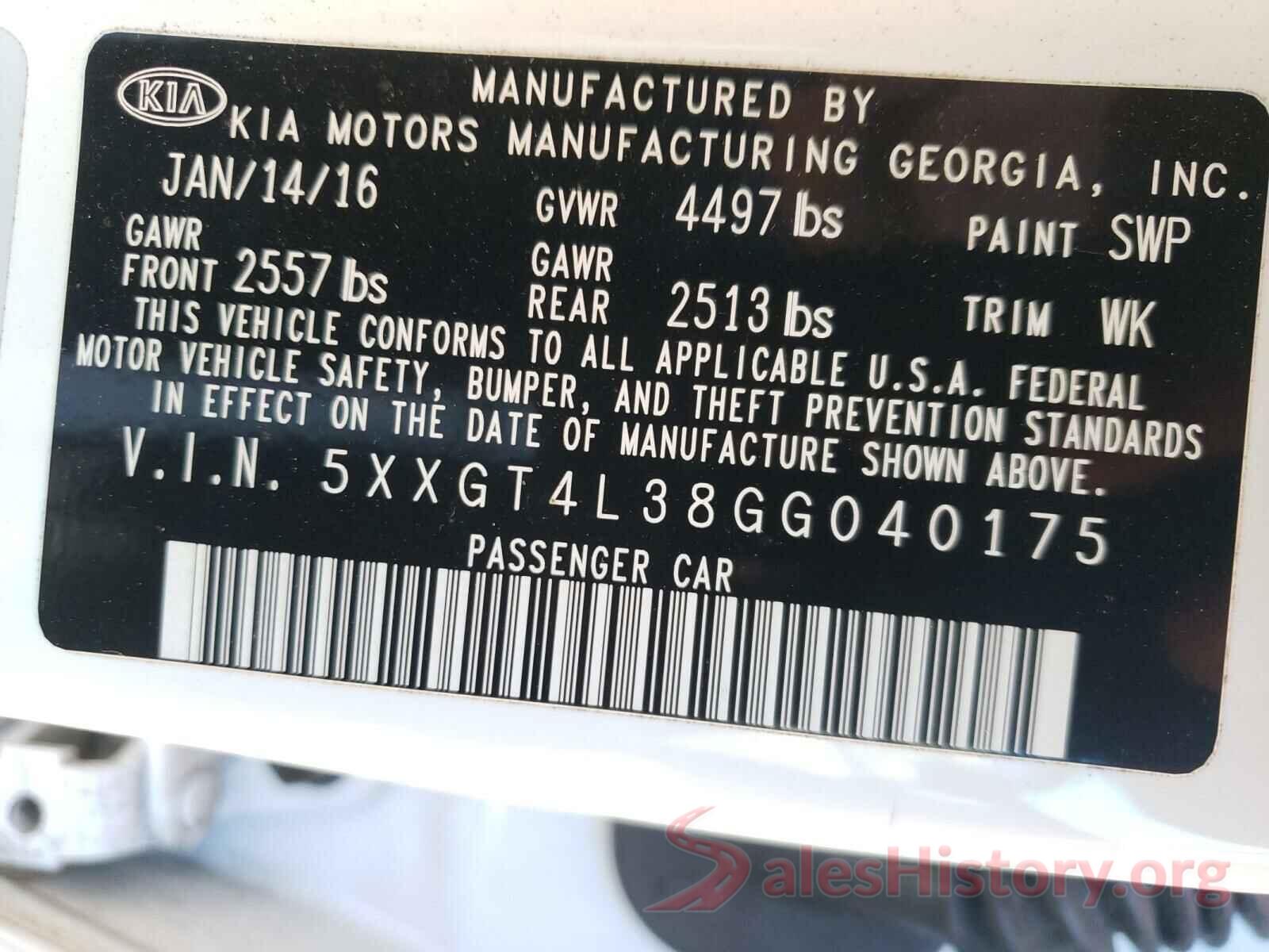 5XXGT4L38GG040175 2016 KIA OPTIMA