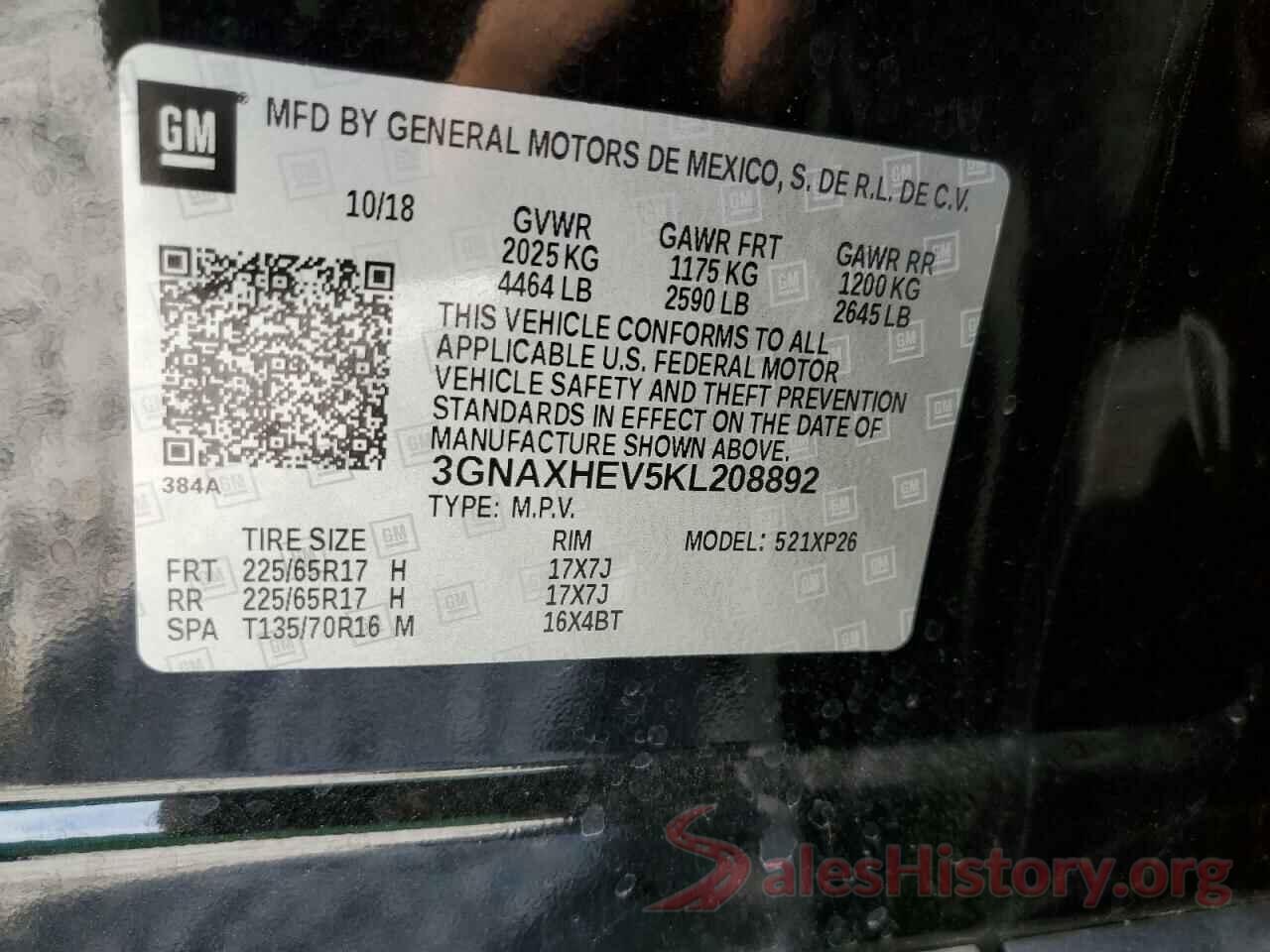 3GNAXHEV5KL208892 2019 CHEVROLET EQUINOX