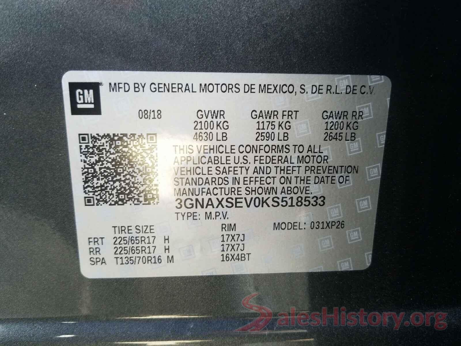 3GNAXSEV0KS518533 2019 CHEVROLET EQUINOX