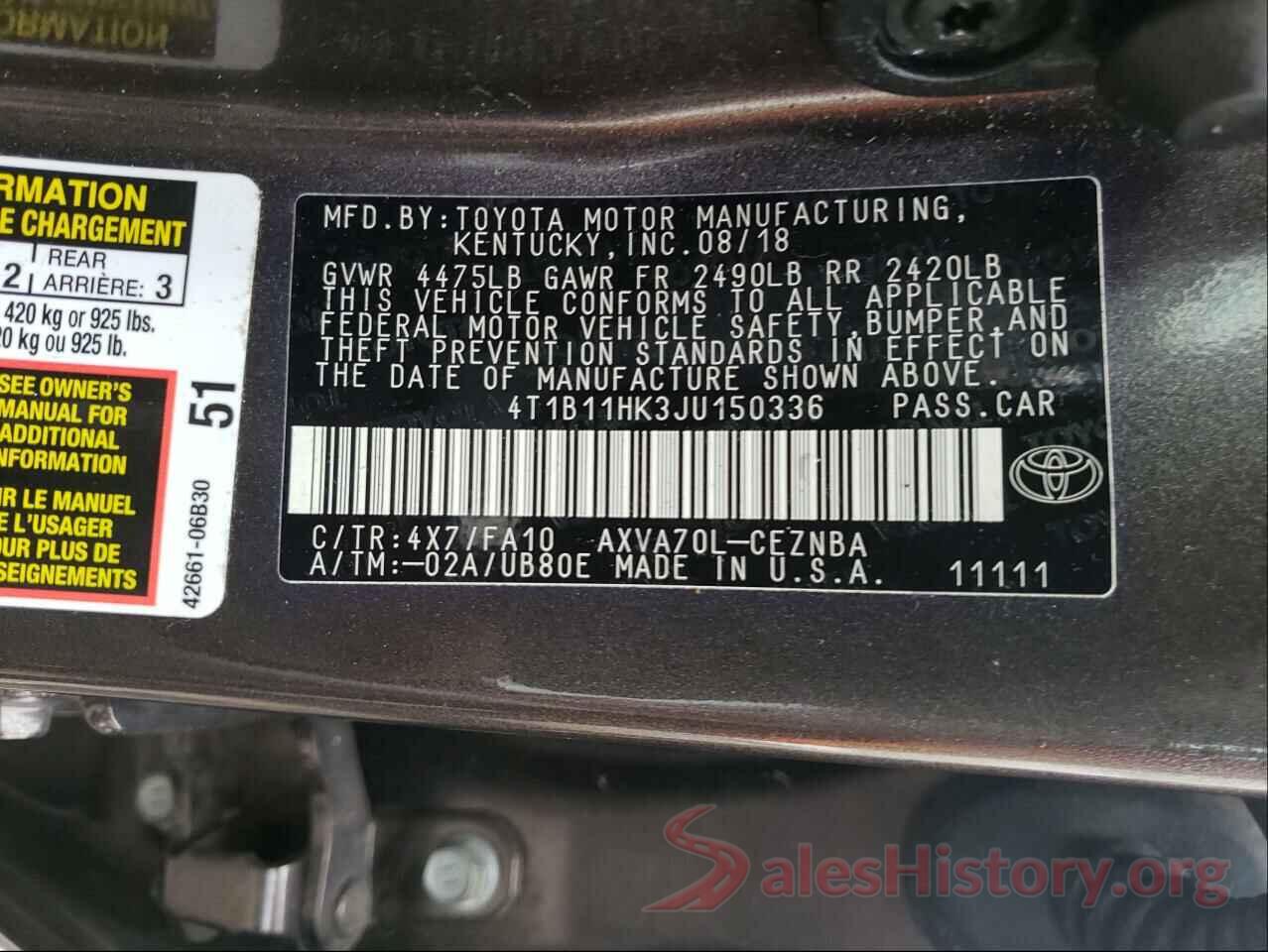 4T1B11HK3JU150336 2018 TOYOTA CAMRY