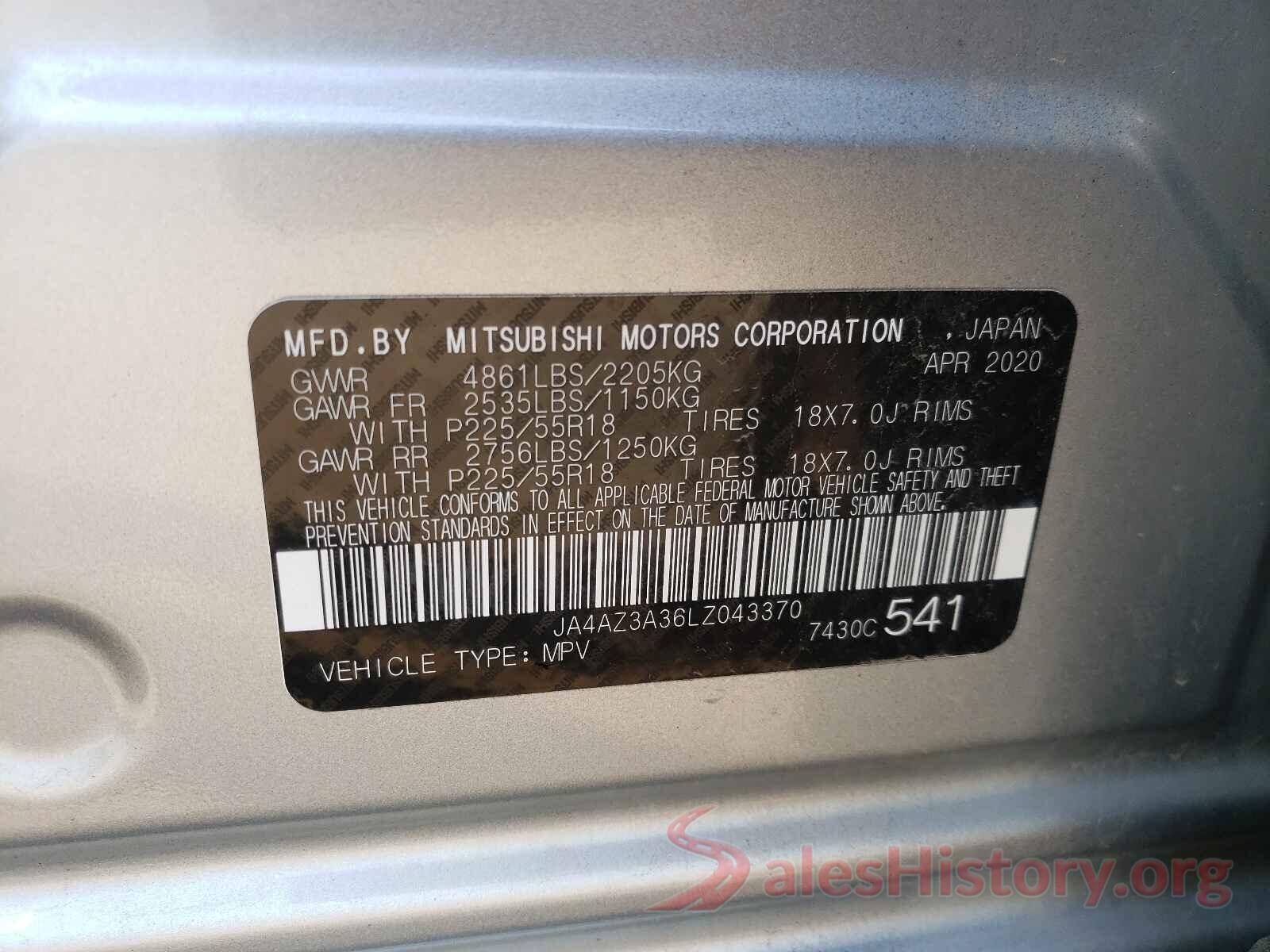 JA4AZ3A36LZ043370 2020 MITSUBISHI OUTLANDER