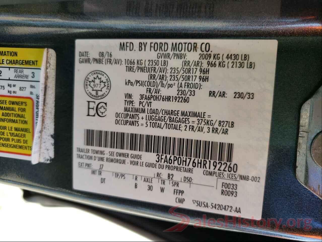 3FA6P0H76HR192260 2017 FORD FUSION