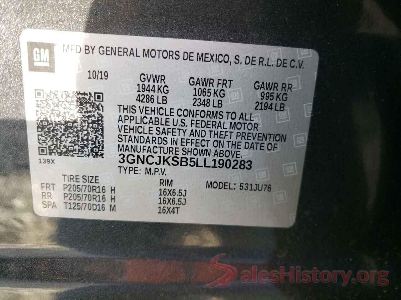 3GNCJKSB5LL190283 2020 CHEVROLET TRAX