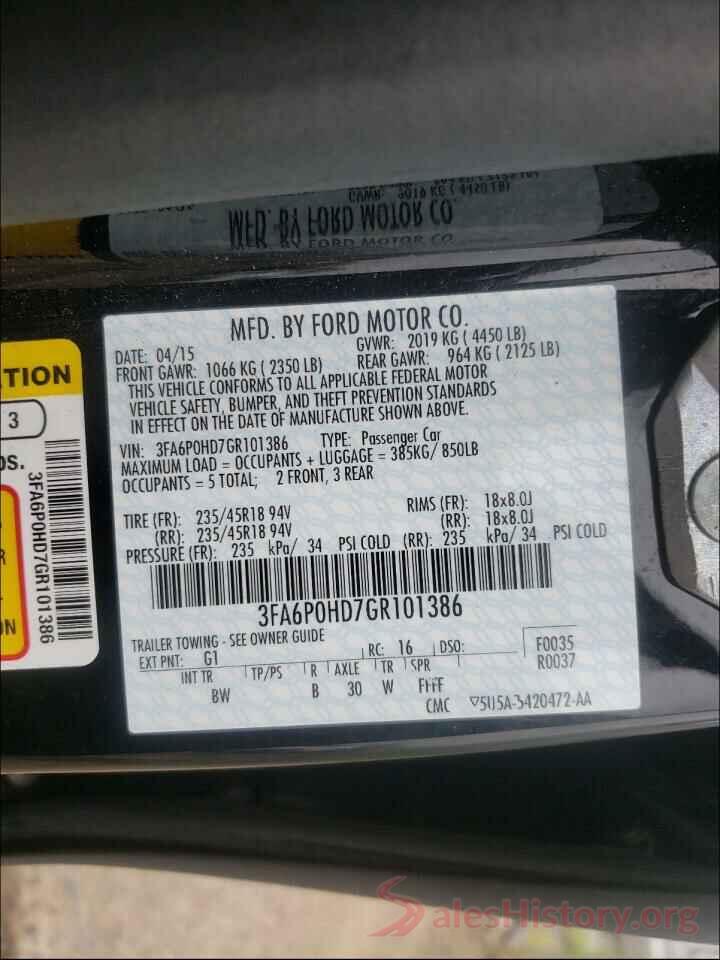 3FA6P0HD7GR101386 2016 FORD FUSION