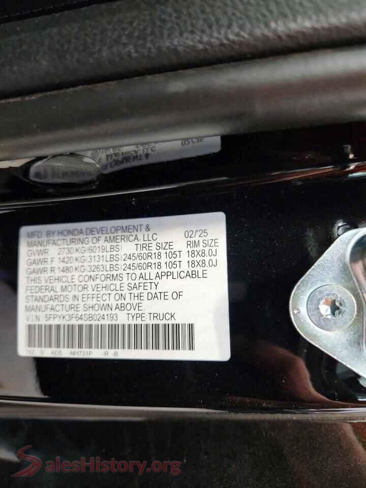2025 HONDA RIDGELINE VIN 5FPYK3F64SB024193, wheel and tire