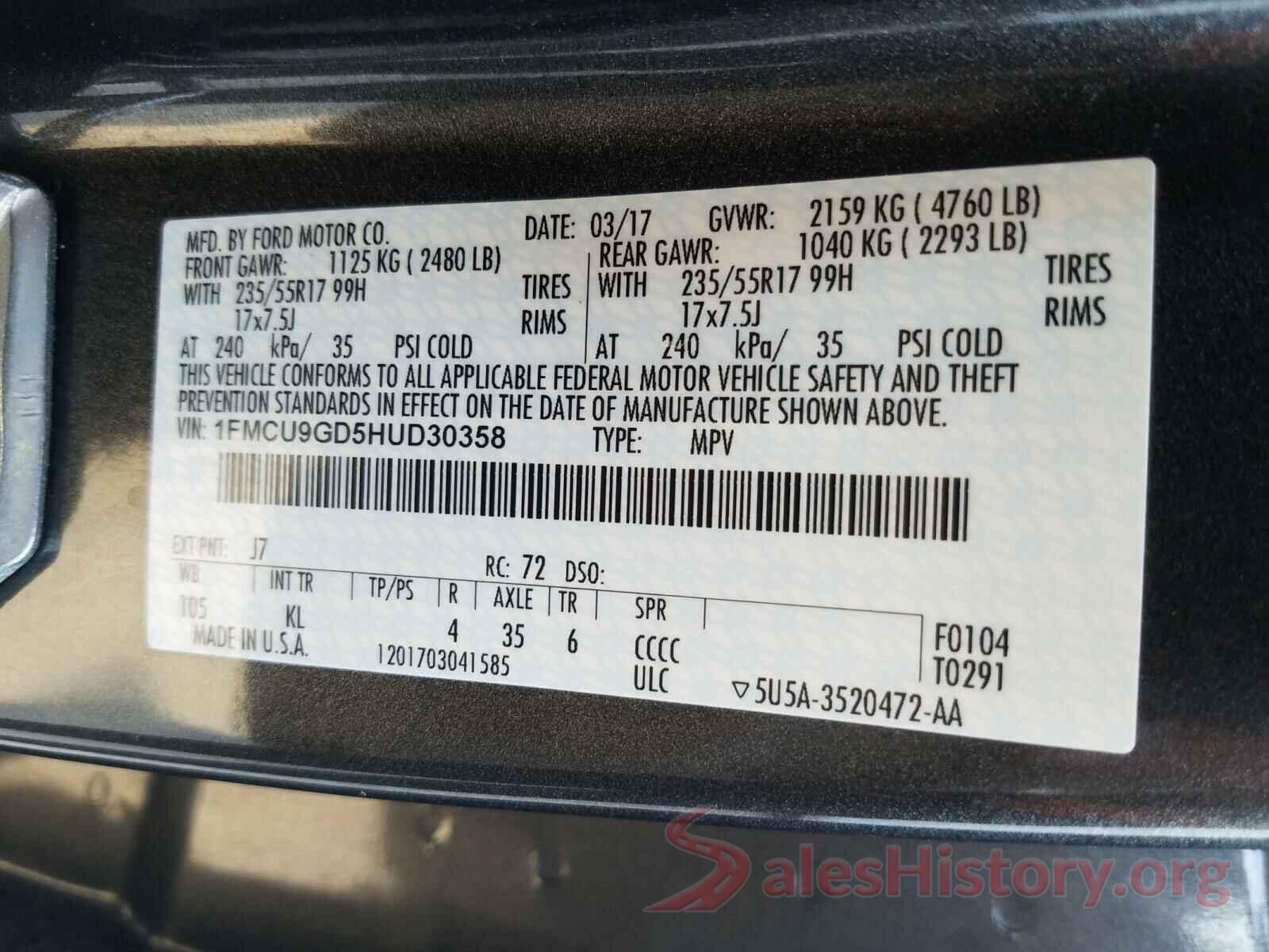 1FMCU9GD5HUD30358 2017 FORD ESCAPE