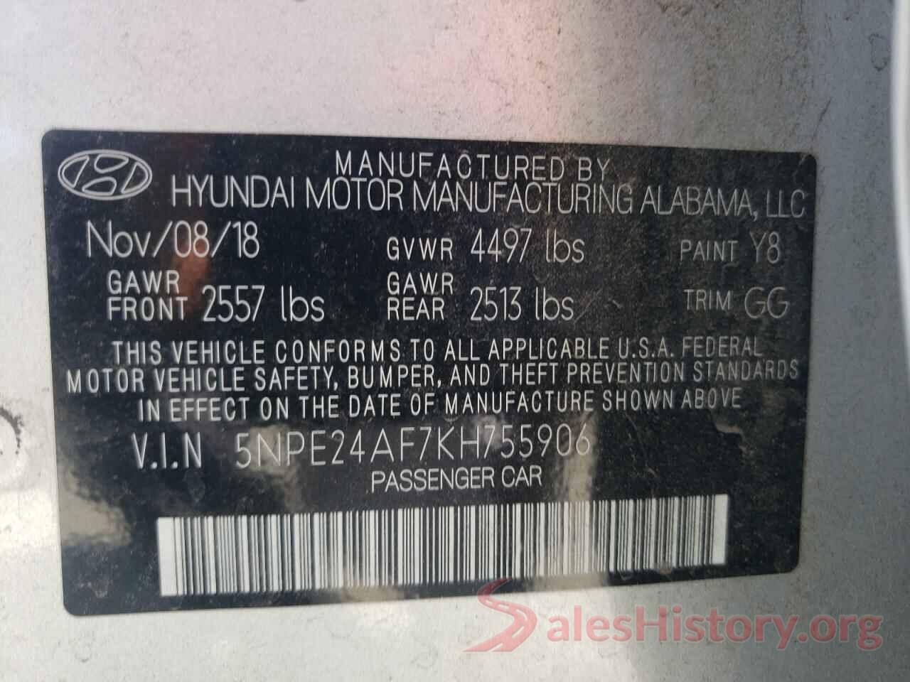 5NPE24AF7KH755906 2019 HYUNDAI SONATA