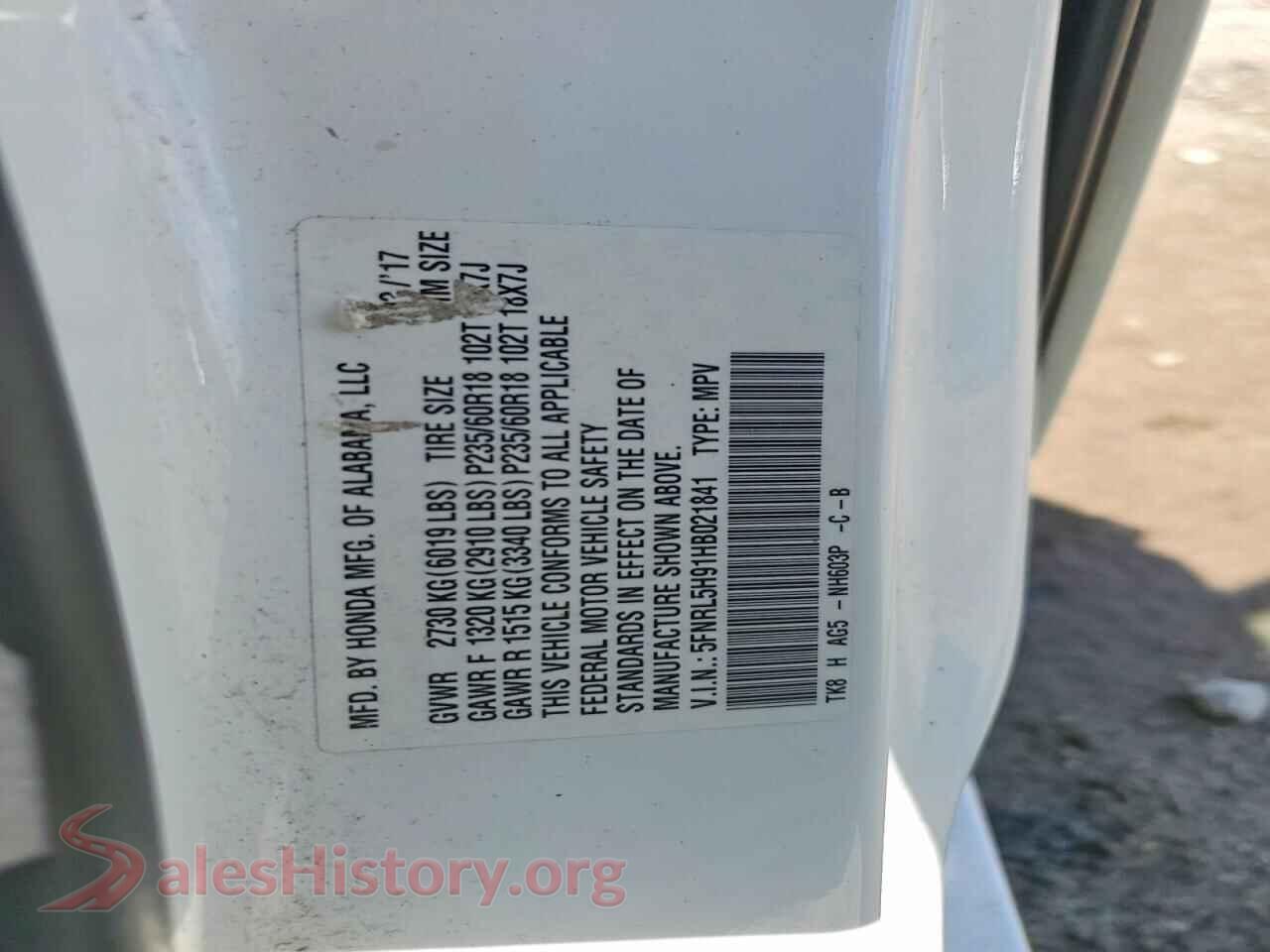 2017 HONDA ODYSSEY VIN 5FNRL5H91HB021841, trunk area