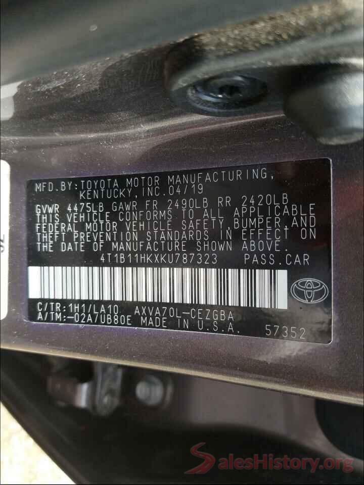 4T1B11HKXKU787323 2019 TOYOTA CAMRY