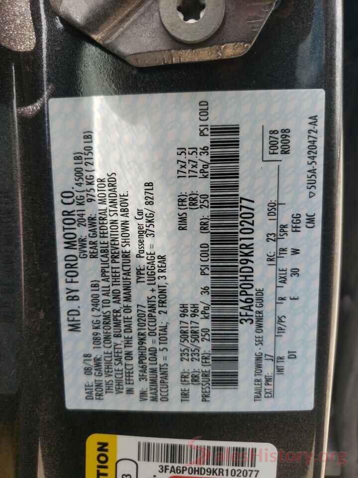 3FA6P0HD9KR102077 2019 FORD FUSION