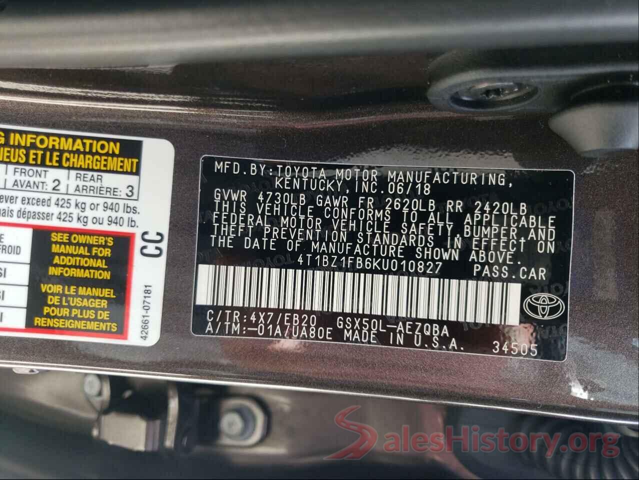 4T1BZ1FB6KU010827 2019 TOYOTA AVALON