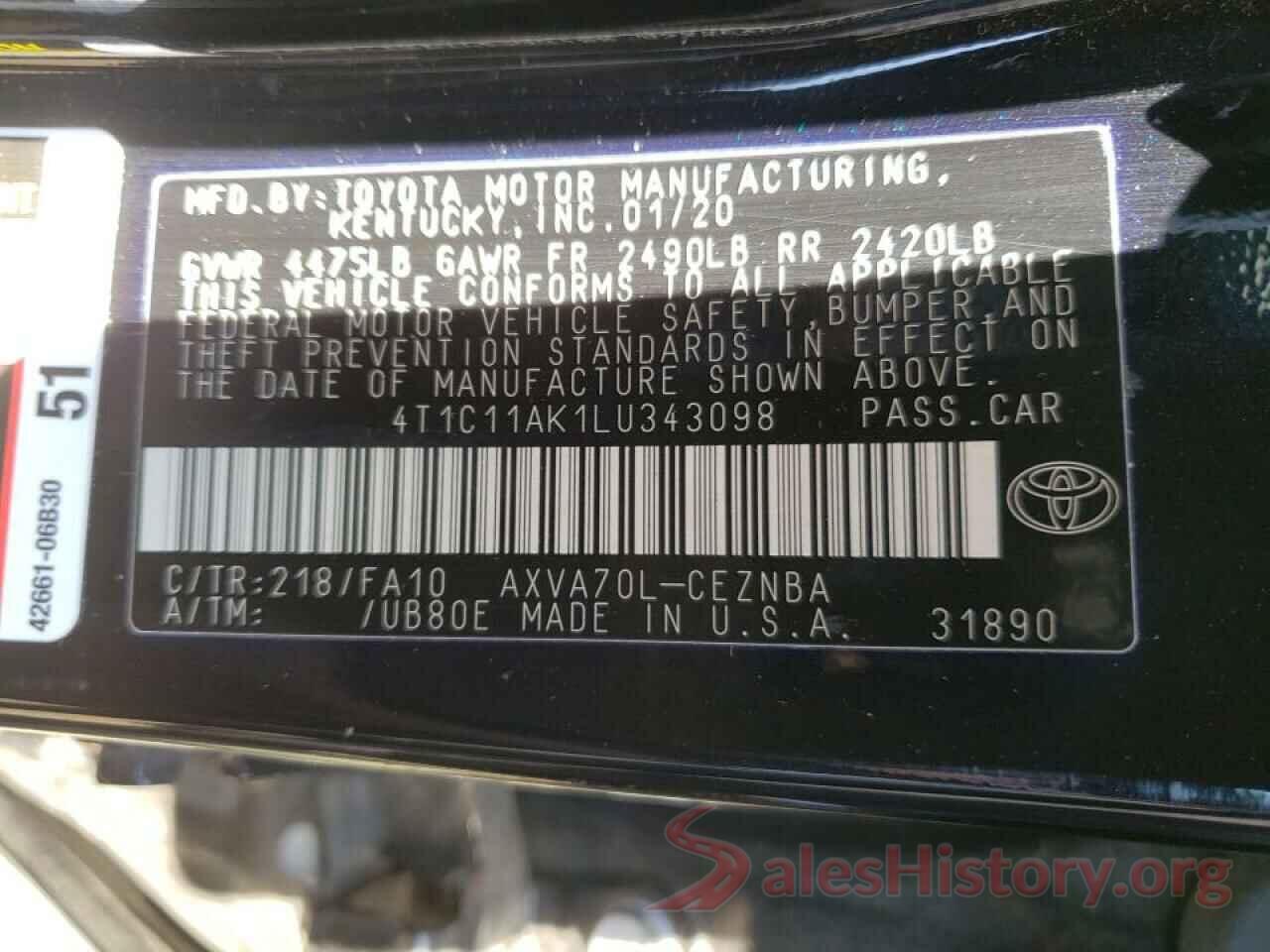 4T1C11AK1LU343098 2020 TOYOTA CAMRY