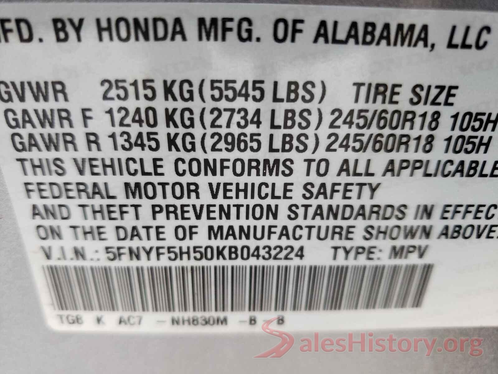 5FNYF5H50KB043224 2019 HONDA PILOT