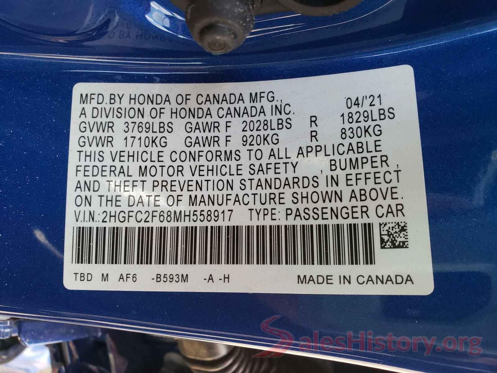 2HGFC2F68MH558917 2021 HONDA CIVIC