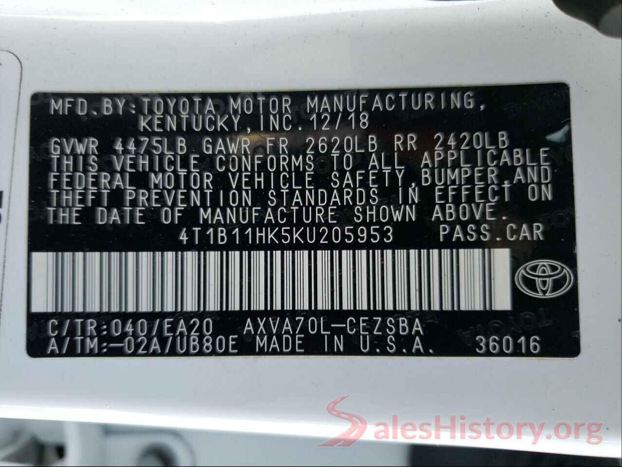 4T1B11HK5KU205953 2019 TOYOTA CAMRY