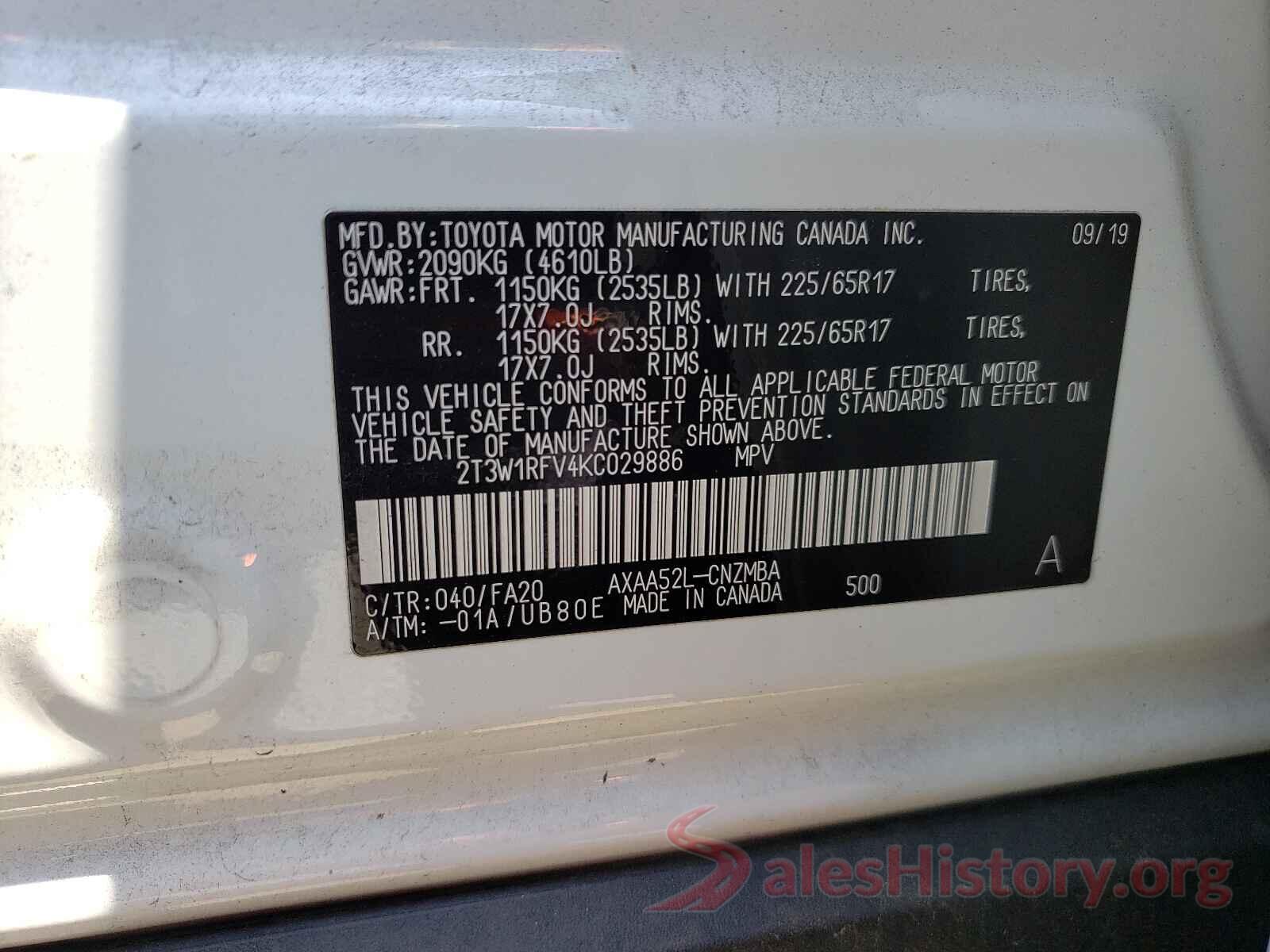 2T3W1RFV4KC029886 2019 TOYOTA RAV4