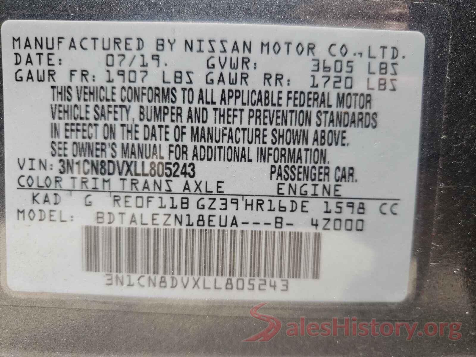 3N1CN8DVXLL805243 2020 NISSAN VERSA