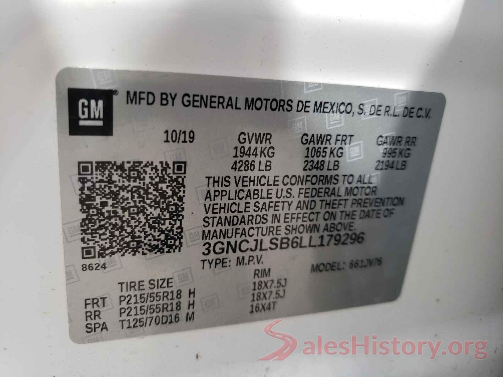 3GNCJLSB6LL179296 2020 CHEVROLET TRAX