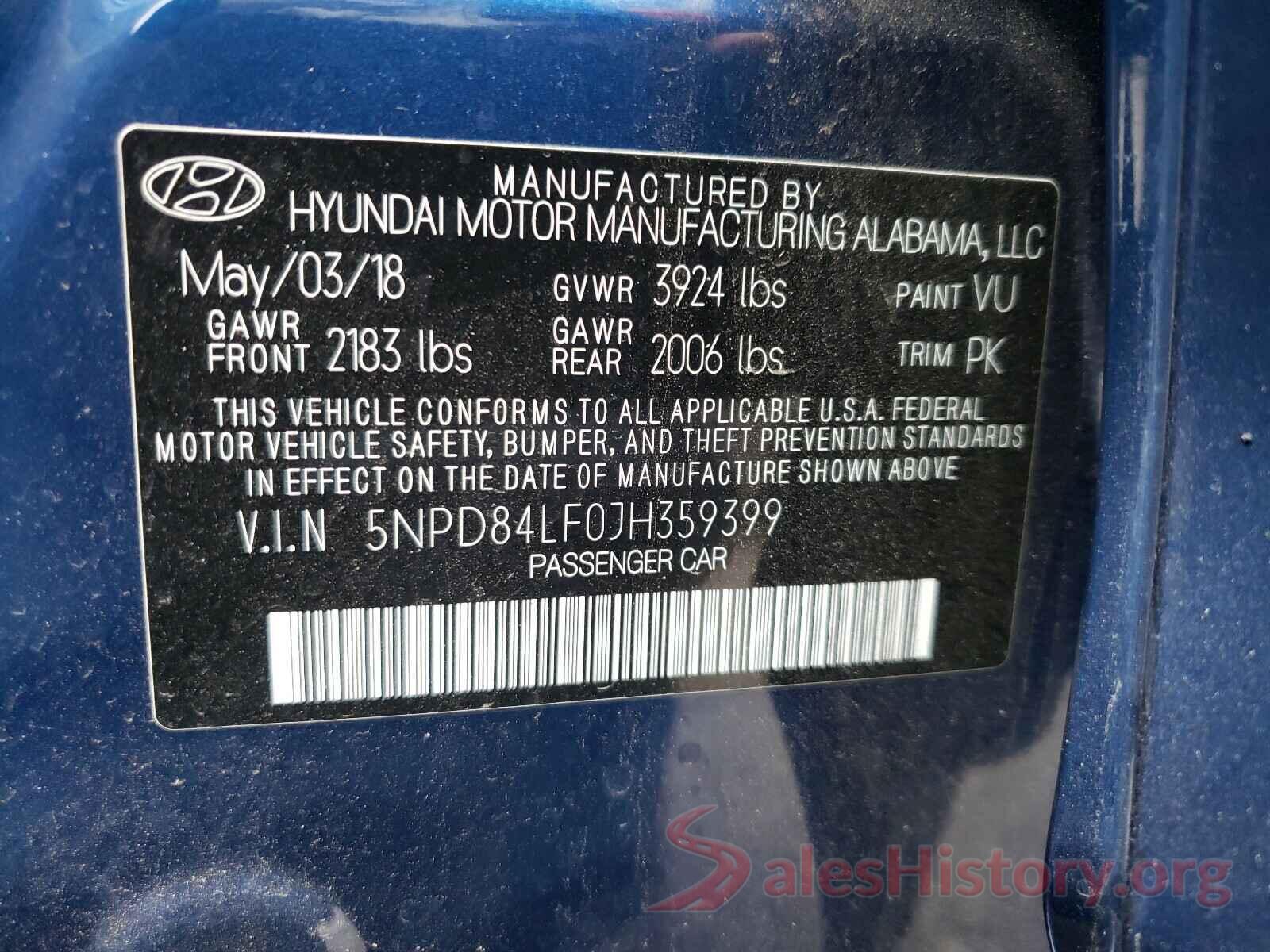 5NPD84LF0JH359399 2018 HYUNDAI ELANTRA