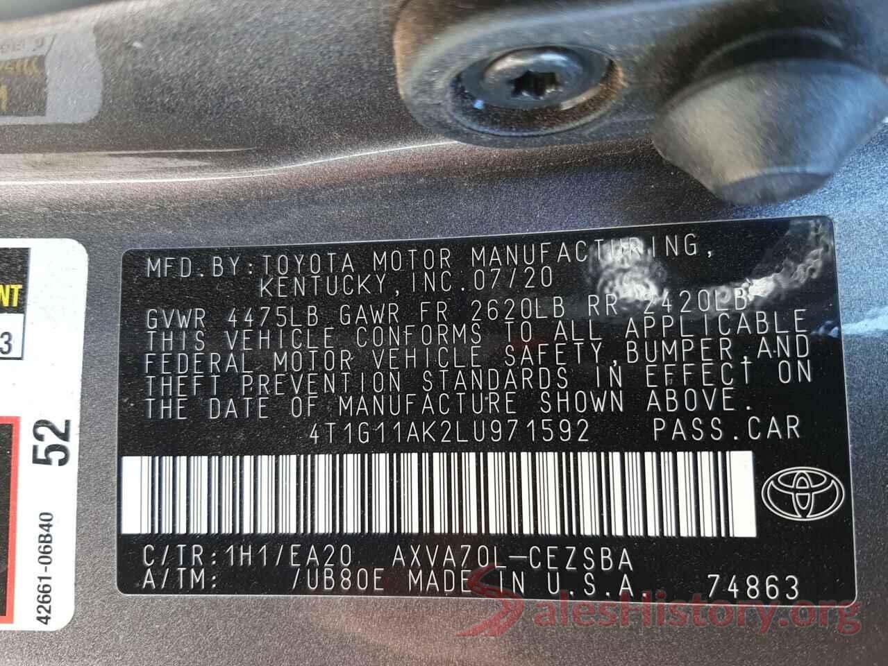 4T1G11AK2LU971592 2020 TOYOTA CAMRY