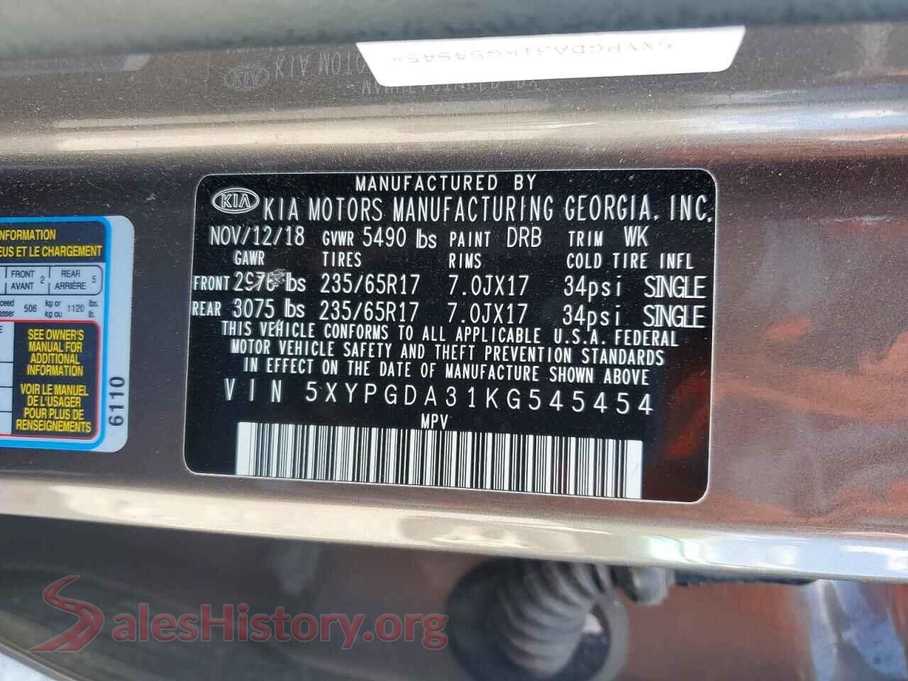 2019 KIA SORENTO VIN 5XYPGDA31KG545454, damage close-up