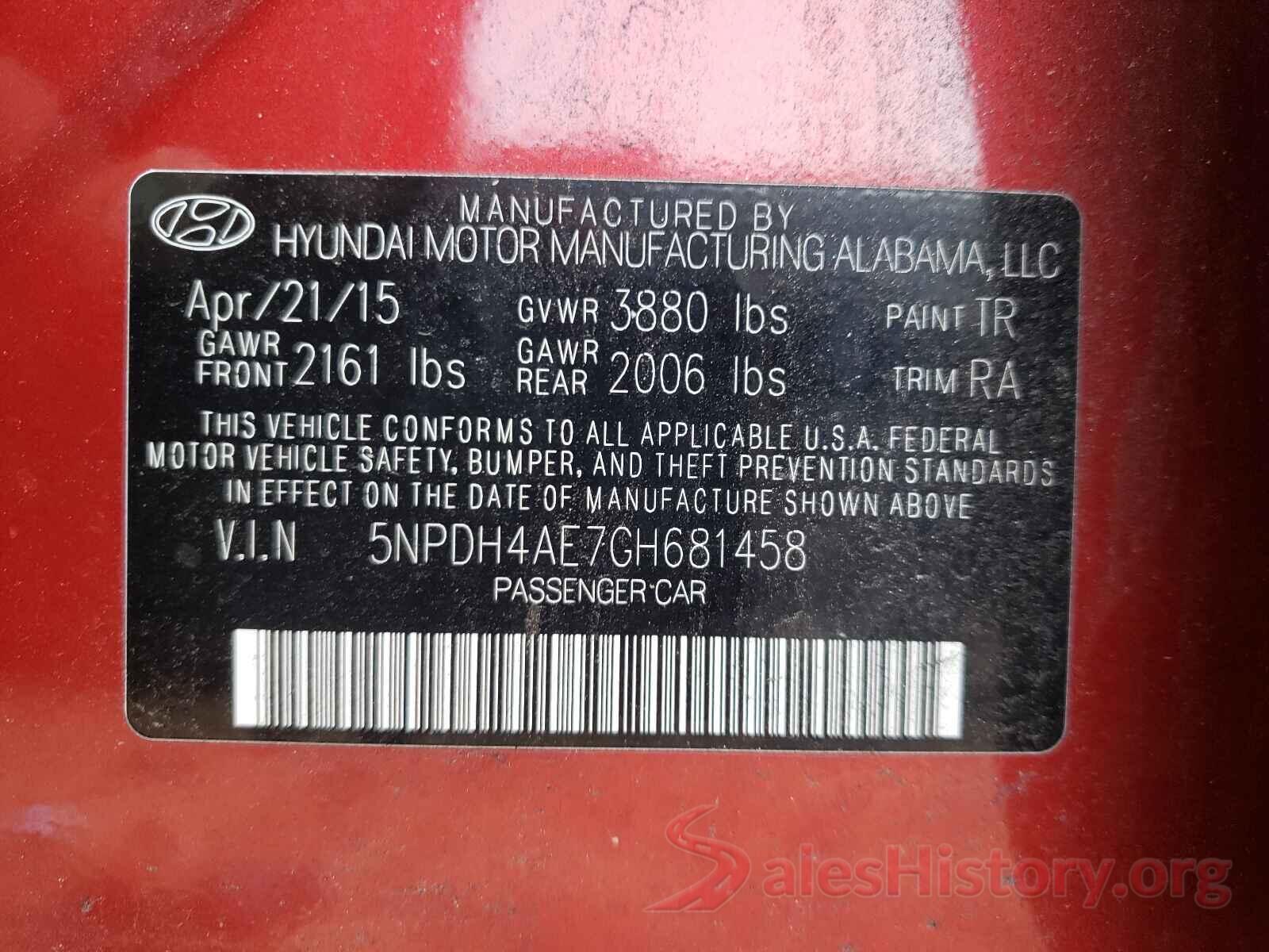 5NPDH4AE7GH681458 2016 HYUNDAI ELANTRA