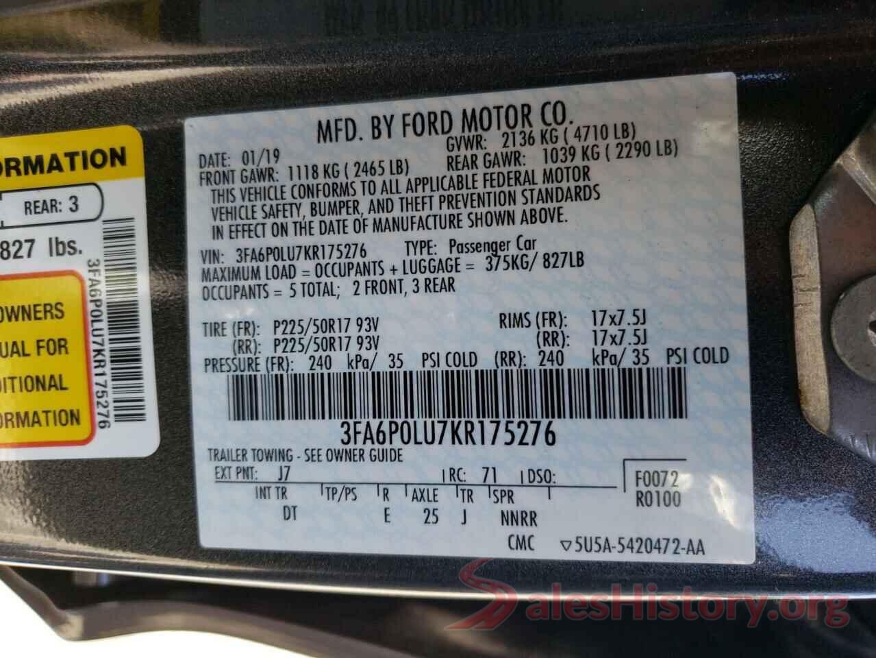 3FA6P0LU7KR175276 2019 FORD FUSION