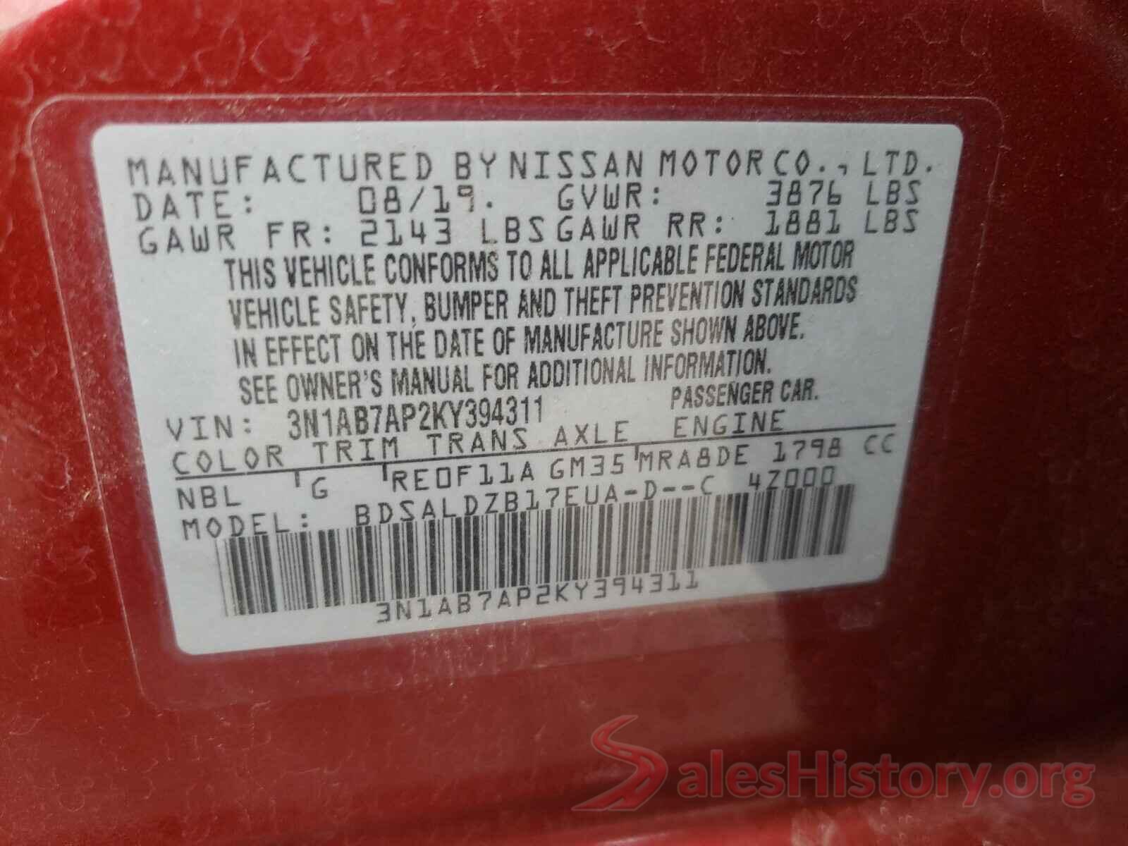 3N1AB7AP2KY394311 2019 NISSAN SENTRA