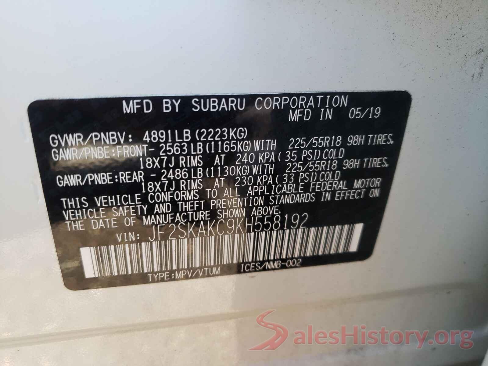 JF2SKAKC9KH558192 2019 SUBARU FORESTER