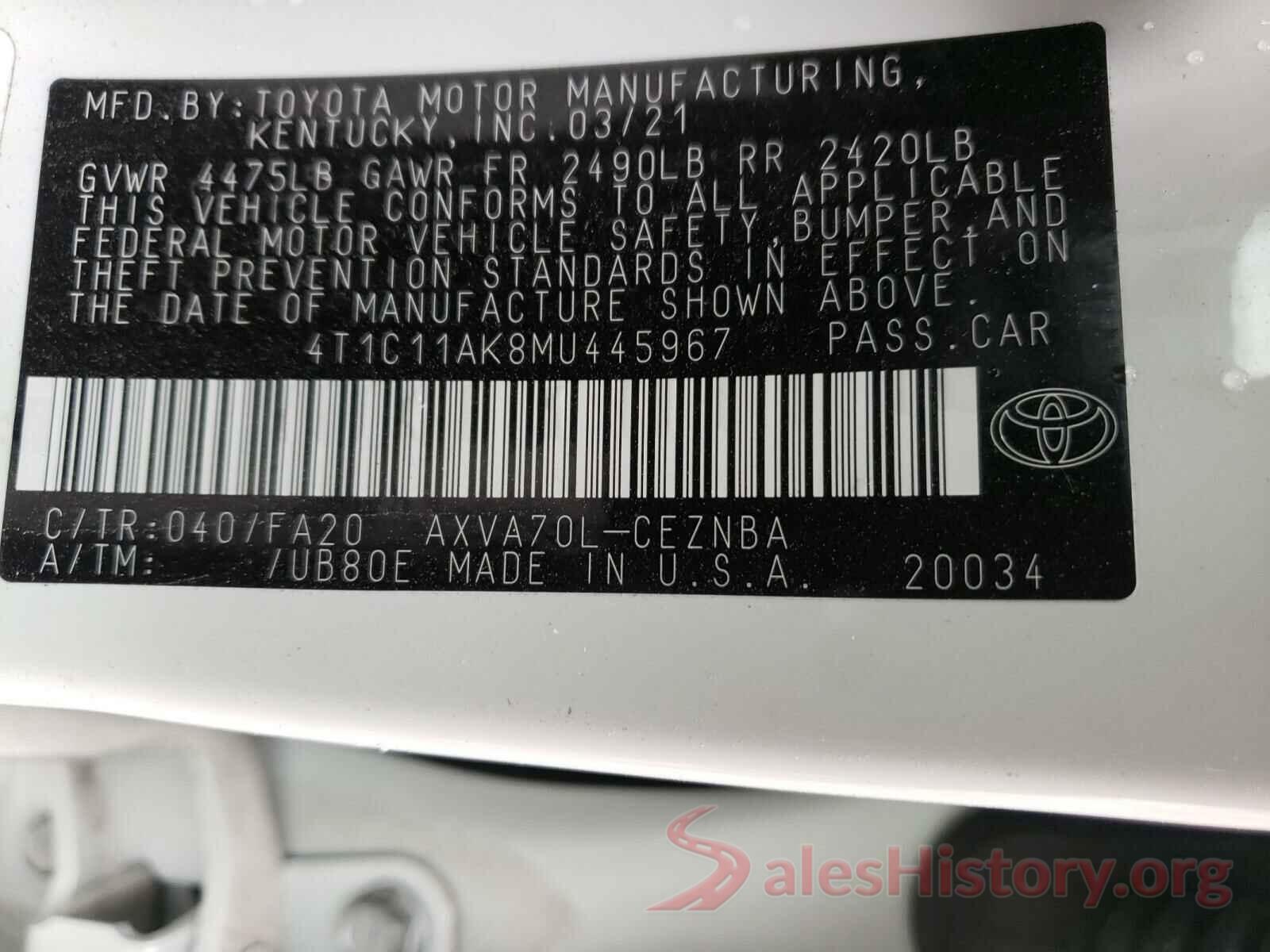 4T1C11AK8MU445967 2021 TOYOTA CAMRY