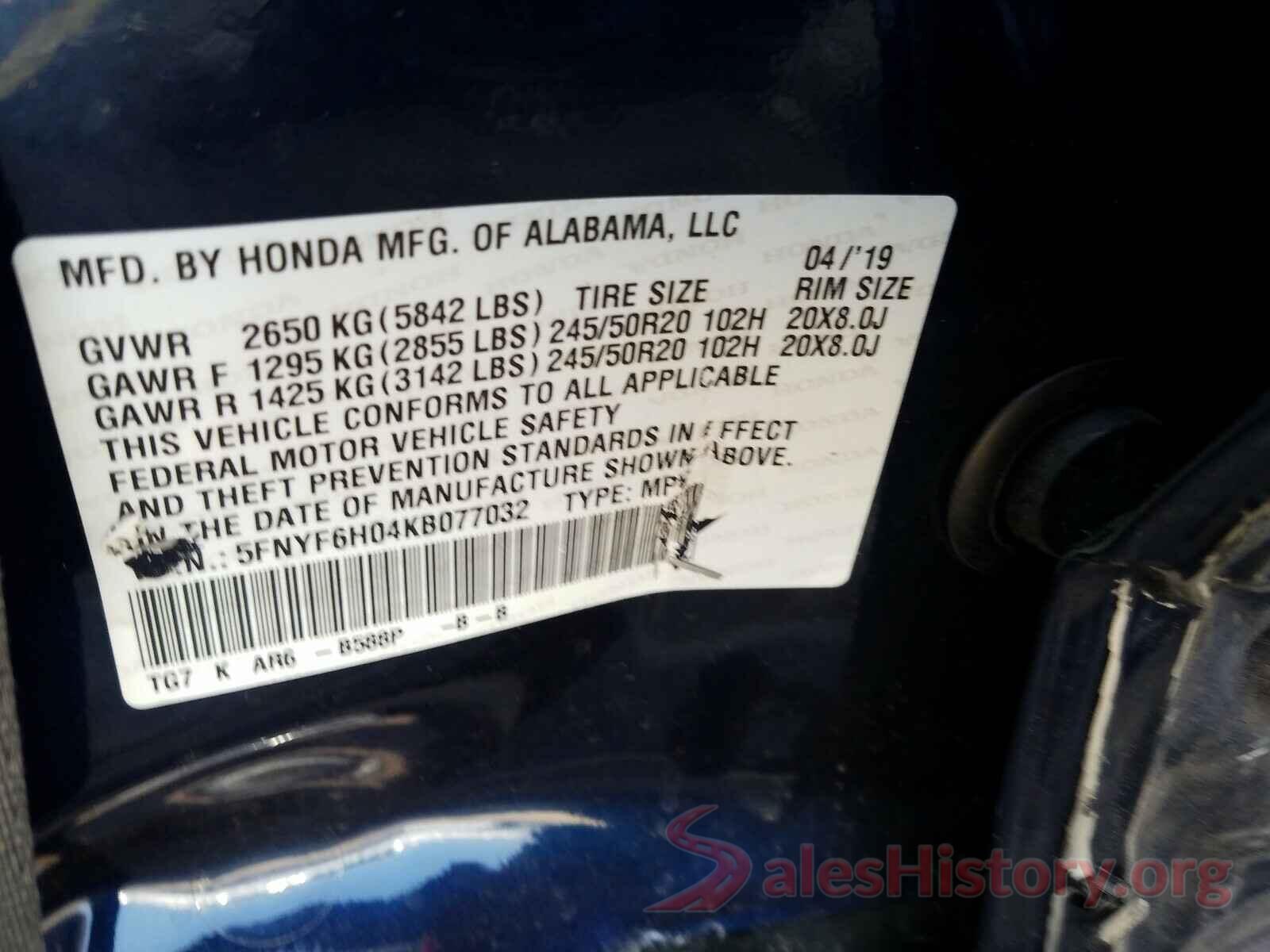 5FNYF6H04KB077032 2019 HONDA PILOT